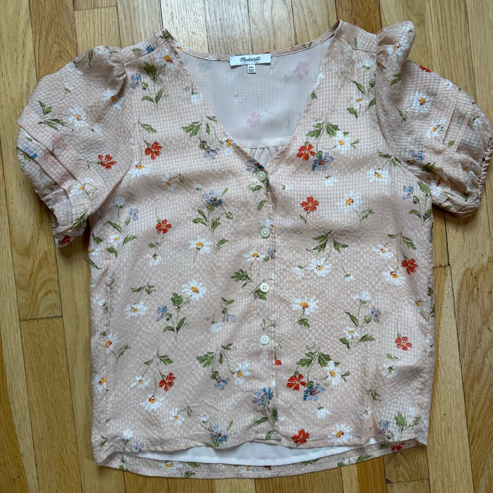 Madewell Pink Floral Button-Front Puff Sleeve Top